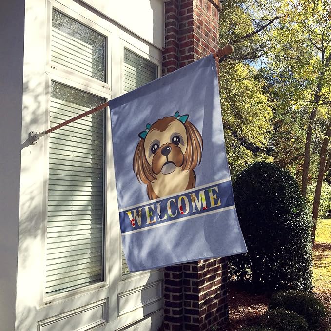 Caroline's Treasures BB1435CHF Chocolate Brown Shih Tzu Welcome House Flag, Blue Large Porch Sleeve Pole Decorative Outside Yard Banner Artwork Wall Hanging, Polyester, House Size, Multicolor