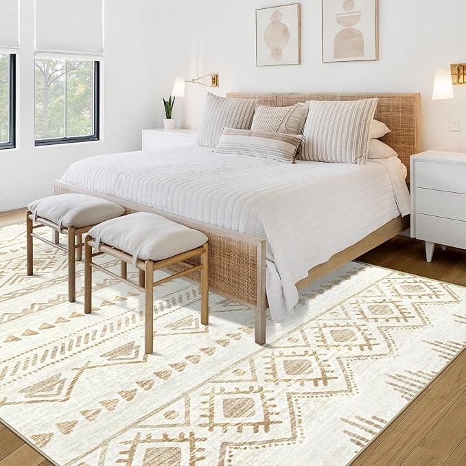 Area Rug for Living Room 9x12: Large Washable Boho Moroccan Rugs Geometric Neutral Rug, Non-Slip Foldable Morden Farmhouse Indoor Floor Carpet for Bedroom Dining Room Home(Beige Brown,9'x12')