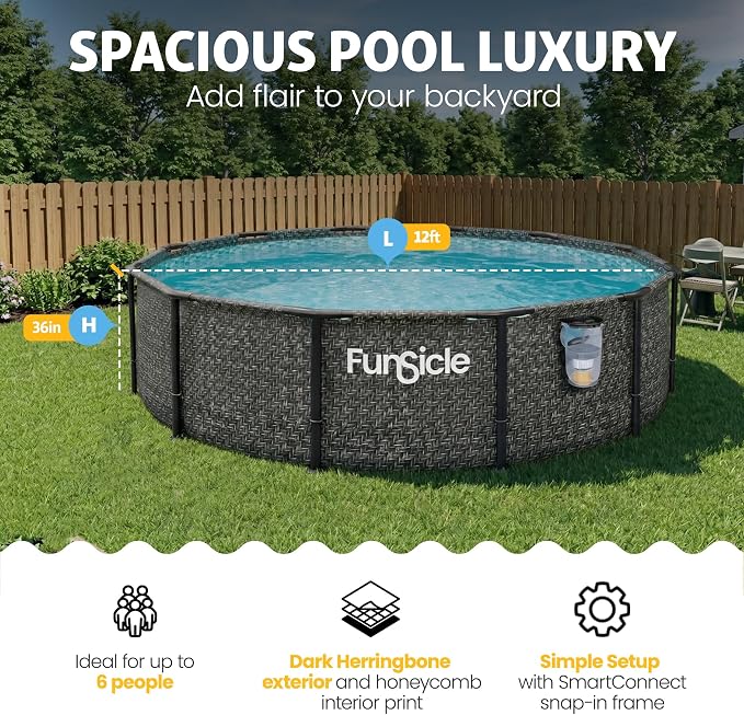 Funsicle Oasis Designer 12' x 36" Round Above Ground Swimming Pool, Includes FiltraBoost 800 GPH Filter Pump with AutoSkimmer, Type D Filter Cartridge & Repair Patch, Dark Herringbone