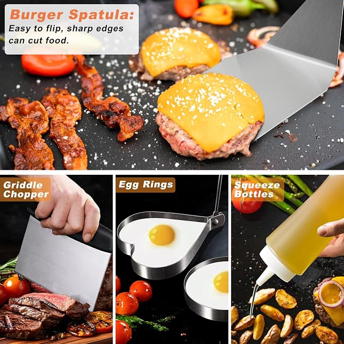 N NOBLE FAMILY 27 PCS Griddle Accessories Kit, Flat Top Grill Accessories Set for Camping, Professional Griddle Spatula Set with Melting Dome, Burger Press for Outdoor BBQ Teppanyaki
