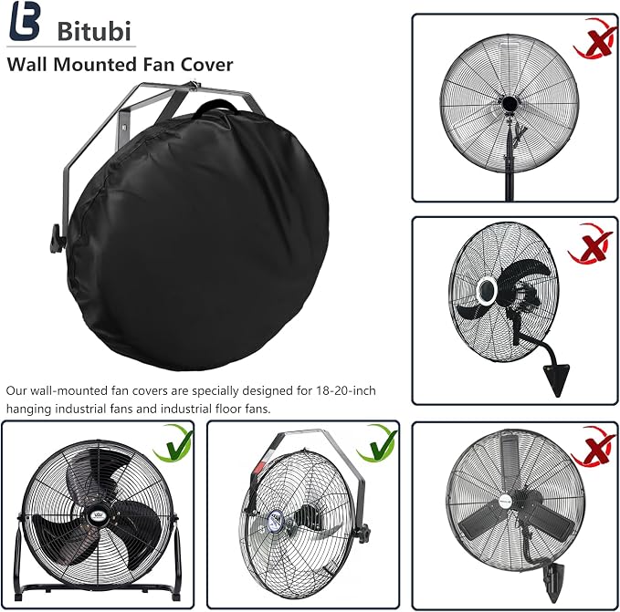 Bitubi Wall Mount Fan Cover, 18-20 Inch Waterproof Outdoor Wall Mounted Fan Cover, Heavy Duty 600D Oxford Dustproof Protective Fan Covers (Black)