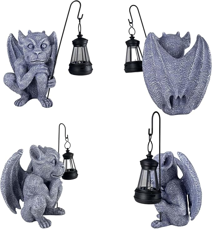 Gargoyle Statues Outdoor with Solar Lantern Gothic Garden Lamp Decor Outside Dragon Winged Gargoyle for Porch Patio Lawn Yard Ornament Trolls Figurine Gifts for Women Mom Grandma