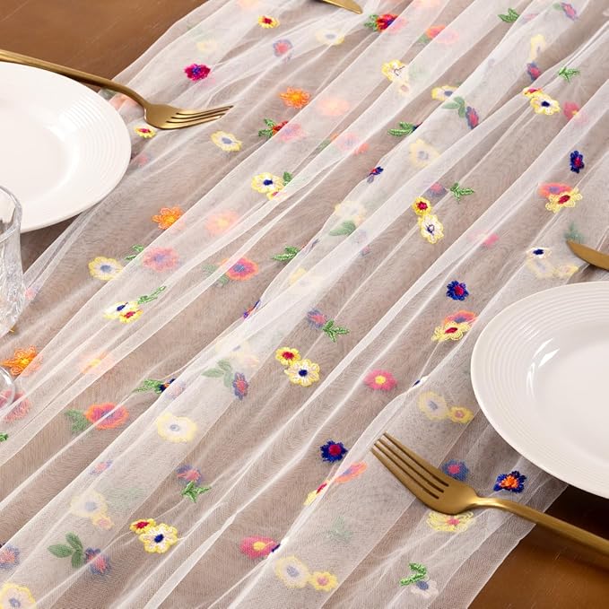 Socomi Flower Table Runner Summer Daisy Floral Tulle Gauze Cheesecloth Embroidery Table Runners for Tea Party Garden Wedding Bridal Baby Shower Birthday Picnic Decor Ivory 1pc