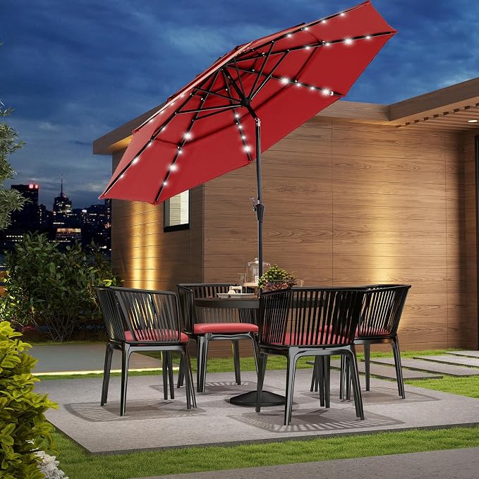 DUMOS Outdoor Solar Patio Umbrella 3 Tiers with 32 LED Lights, Beach Market Table Umbrella with Crank and 8 Sturdy Ribs for Pool, Terrace, Restaurant