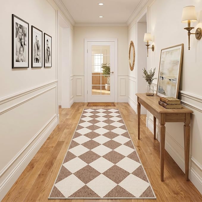 GarveeHome Checkered Long Hallway Runner Rug 2.5x10 Brown Kitchen Rug | Non Slip Soft Diamond Print Entryway Rug Thin Laundry Mat Stain Resistant Carpet for Bedroom Bathroom Beside