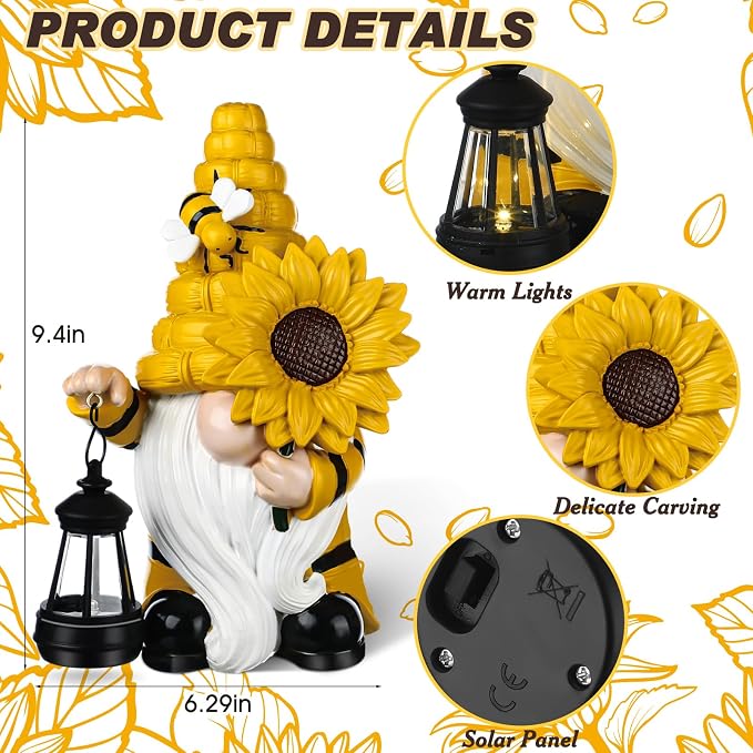 Suzile 2 Pack Sunflower Bee Gnome 9.4 Inch Garden Outdoor Statue Solar with Lantern Lights Gnomes Gifts for Women Outside Sunflower Bee Figurine for Yard Courtyard Lawn Patio Porch Decor