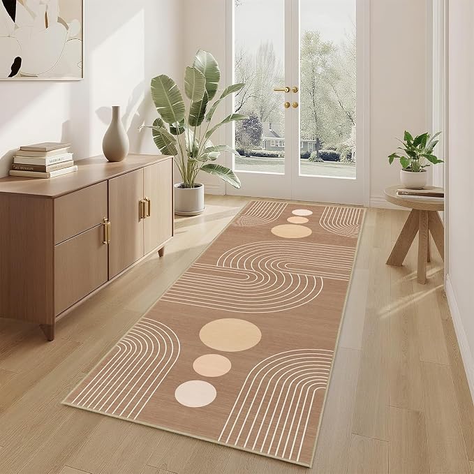 Boho Runner Rug 2x6 Modern Geometric Abstract Rug for Hallway Kitchen Bedroom Brown Mid Century Modern Runner Machine Washable Non-Slip Printed Low-Pile Long Floor Carpet for Bathroom Laundry Brown