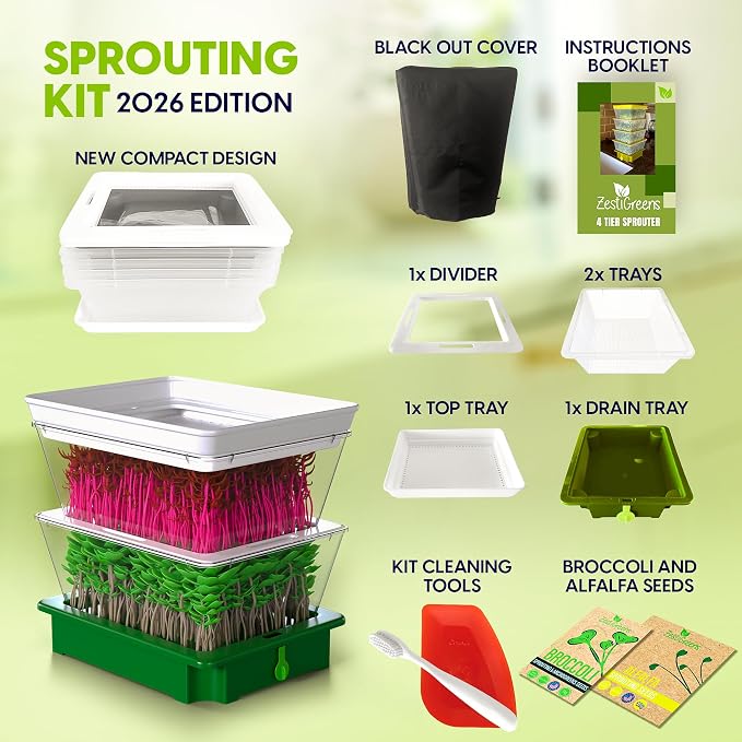 ZESTIGREENS 2-Tier Seed Sprouter Kit with USA-Grown Broccoli & Alfalfa Seeds – Stackable Sprouting Tray with Ventilated Design & Easy Sink-Drain Spout