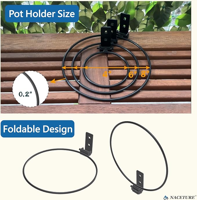 NACETURE Flower Pot Holder Ring for Wall Mount Foldable – Heavy Duty Round Metal Planter Hooks Hangers - Fence Pot Plant Holders Hanging Bracket for Outdoor Indoor (8 Inch 3 Pack)