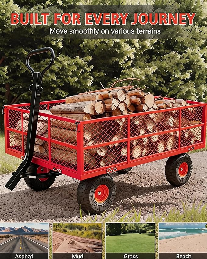 Garvee Steel Garden Cart, 1200 LBS Capacity Utility Outdoor Wagon, Heavy Duty Mesh Garden Wagon with Removable Sides, 2-in-1 Handle, 13" Tires for Yard, Lawn, Garden