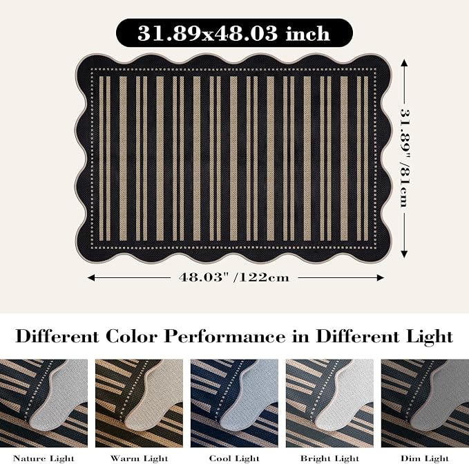Striped Easy Jute Front Door Mat, 2.6x4 Washable Entryway Rug Non Slip Small Kitchen Rug, Farmhouse Low Pile Floor Scalloped Rugs for Bathroom Porch Doorway