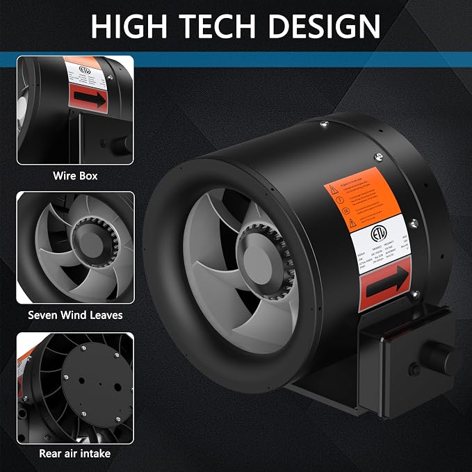 10 Inch Inline Duct Fan,1219 CFM Inline Fan Duct Fan Constant Speed - Ventilation Exhaust Fan for Heating Cooling Booster, Grow Tents, Hydroponics, NSK/SKF Bearings, ETL Listed