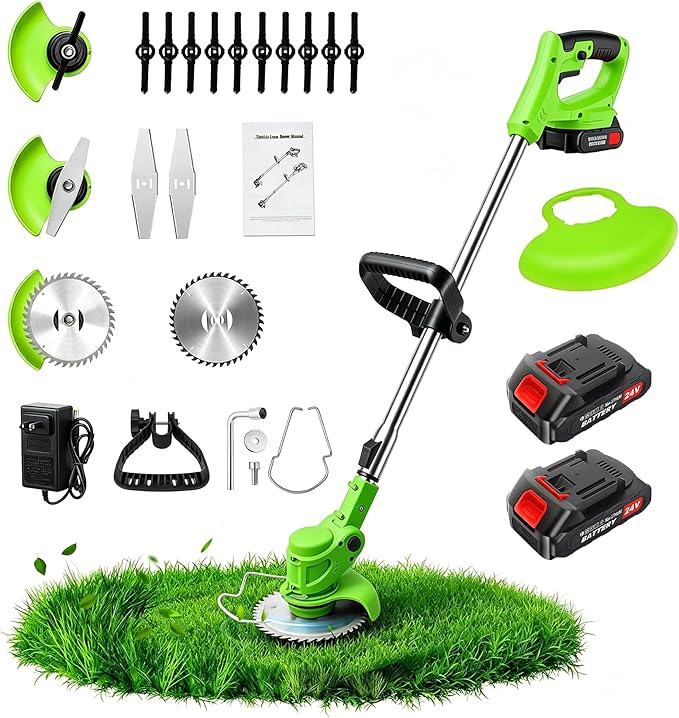 3-in-1 Cordless Weed Wacker, 24V Battery Powered Grass Trimmer Electric Brush Cutter Lawn Edger with 2 Pack 2000mAh Batteries for Garden Yard Pruning Yard