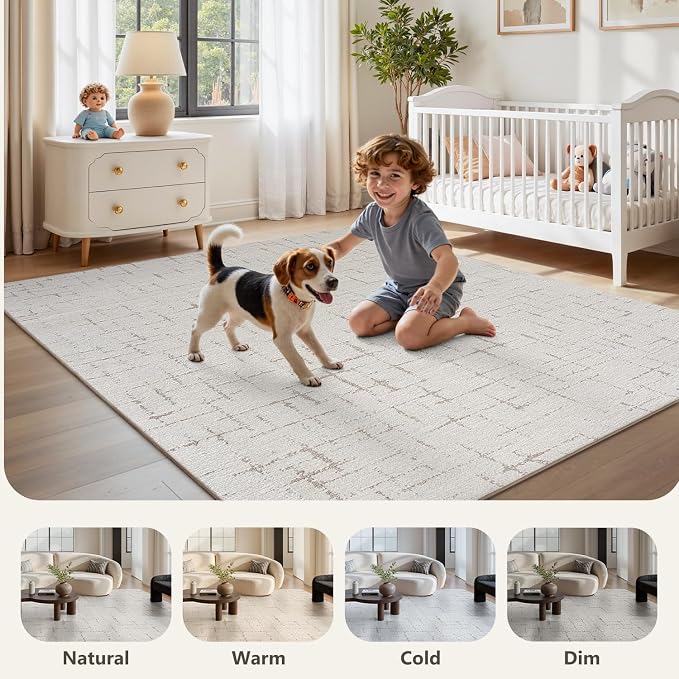Engiw-Beige Neutral 5x7 Area Rug for Living Room Rug-Carpet Bedroom Rugs Textured Tufted Jacquard Modern Washable Rug for Dining Room Nursery Non Slip