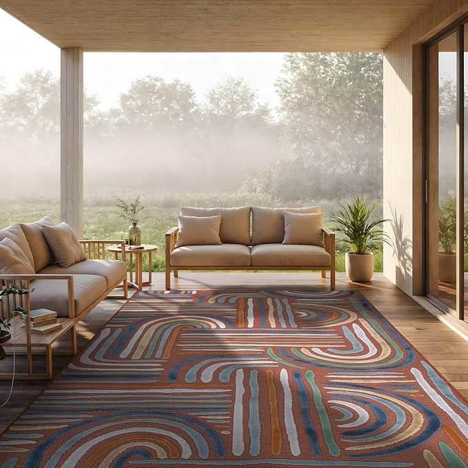 CAMILSON Indoor Outdoor Rug, Orange 10x14 Geometric Arch Striped Large Area Rugs for Patio and Home Areas, Easy-Cleaning Non-Shedding Living Room, Garden and Deck Washable Outside Carpet (10 x 14)