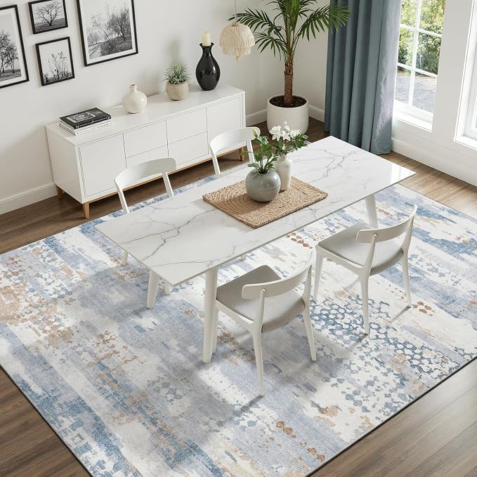 DCX Washable Abstract Area Rug 6x9, Non Slip Low Pile Rug, Blue | Easy to clean, non-shedding, soft, kid & pet friendly, with a non-slip rubber backing for living rooms, bedrooms, and offices