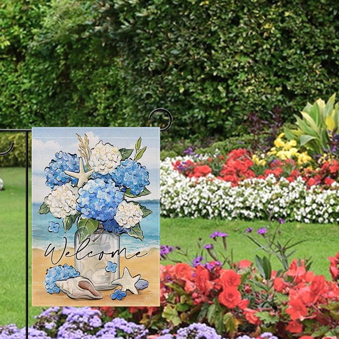 Artofy Welcome Spring Summer Flower Small Decorative Garden Flag, Hydrangea Floral Mason Jar Beach Coastal Yard Lawn Outside Decor, Nautical Conch Starfish Outdoor Home Decoration Double Sided 12 x 18