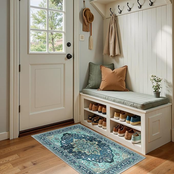 RELEANY Washable Area Rug, Small 2'x4', Teal | Non-Slip, Water Repellent, Pet Friendly, Easy to Clean, Vintage Floral Boho Decor for Kitchen Entryway Bathroom