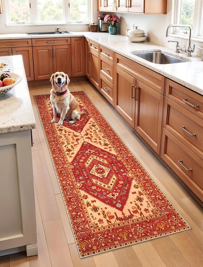 SERISSA 2x6 Washable Non Slip Boho Runner Rug for Hallway，Red | Ultra Soft Vintage Oriental Carpet Low-Pile Distressed Tribal Floor Carpet for Kitchen Bedroom Bathroom Laundry Living Room