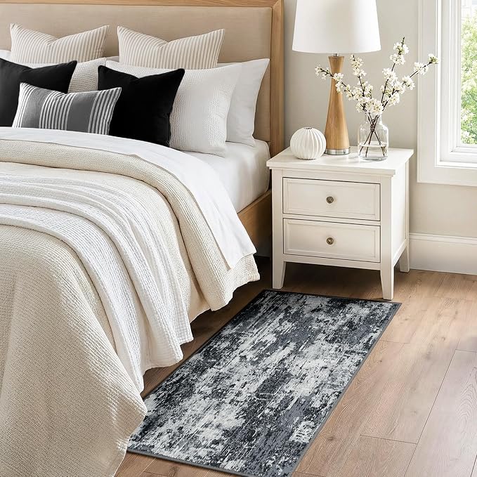 RELEANY Washable 2'x4' Abstract Area Rug for Living Room Black White | Carpet for Bedroom, Kitchen, Office, Hallway and Entryway, Printed Pattern, Non‑Slip, Soft, Stain‑Resistant, Easy to Clean