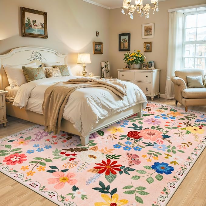 PLHXFR Area Rug Living Room: 4x6 Floral Washable Boho Soft Carpet Beige | For Bedroom Dining Room Farmhouse Nursery Hallway,Vintage Floral,Machine washable,Non Slip,Stain Resistant,Large Indoor