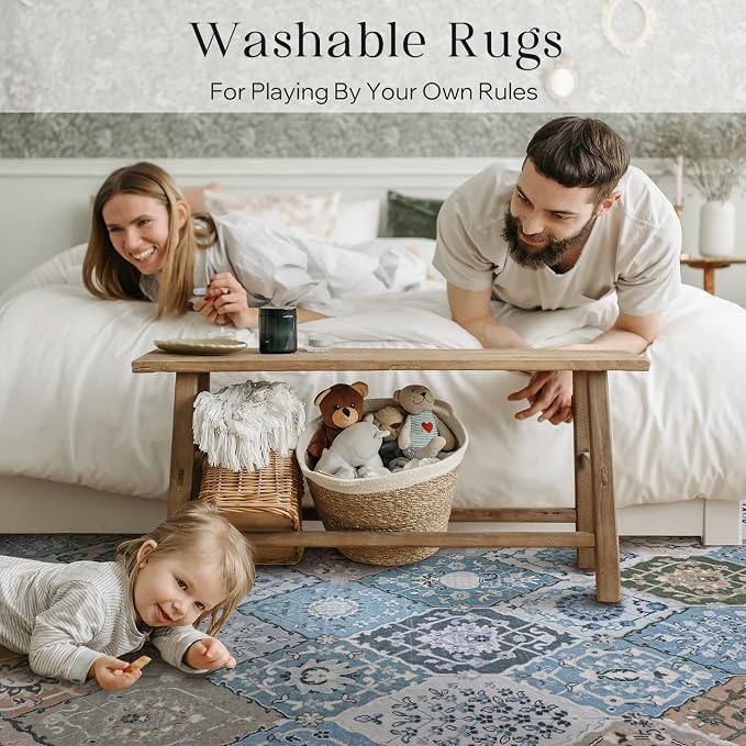 Phantoscope Washable Area Rug 5'x7' Non-Slip, Vintage Boho Rugs for Living Room, Bedroom, Dining Room, Distressed Moroccan Mosaic Diamond Pattern, Low-Pile Foldable Floor Carpet, Blue Teal/Neutral
