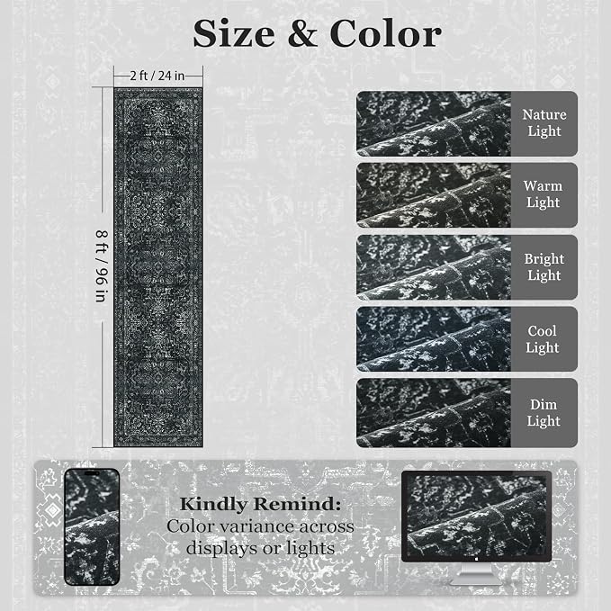 Black White 2x8 Kitchen Runner Rug, Washable Non Slip Hallway Entryway Runner Indoor, Low Pile Vintage Medallion Distressed Carpet Runners 8ft for Bedroom Bedside/Laundry Room/Bathroom