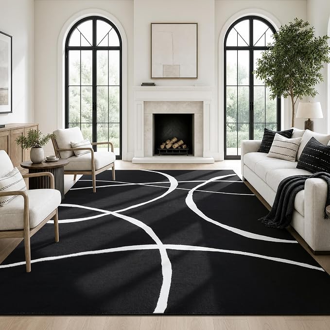 8x10 Washable Modern Abstract Black White Area Rug | Ultra-Thin Low Pile, Non-Slip TPE Backing, Soft Stain Resistant, Machine Washable, for Hallway Entryway Laundry High Traffic