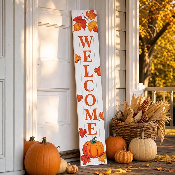 Fall Welcome Porch Sign | Vertical Wooden Welcome Sign with Pumpkin & Maple Leaves | Farmhouse Autumn Thanksgiving Harvest Decor | Front Door Indoor/Outdoor Home Decoration