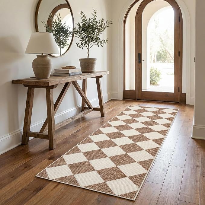 GarveeHome Checkered Hallway Runner Rug 2.5x8 Brown Kitchen Rug Non Slip | Long Soft Diamond Print Entryway Rug Thin Laundry Mat Stain Resistant Carpet for Bedroom Bathroom Beside