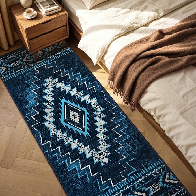 Yinhua 2x8 Runner Rug Non Slip, Western Washable Runner Rugs for Kitchen | Aztec Long Hallyway Runners Rug Low-Pile, Soft Bule Carpet for Bedside Bathroom Entryway