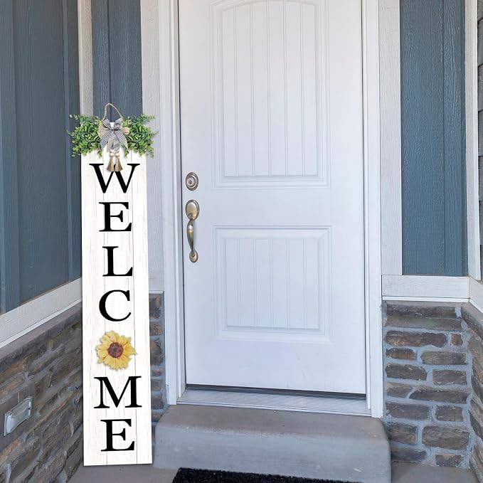 Interchangeable Outdoor Welcome Sign for Front Porch Standing 47"×8" with 12 Pcs Icons Vertical Tall Leaner Outside Welcome Sign Long Wood Frame Large Rustic Farmhouse Front Door Hanging Decor (White)