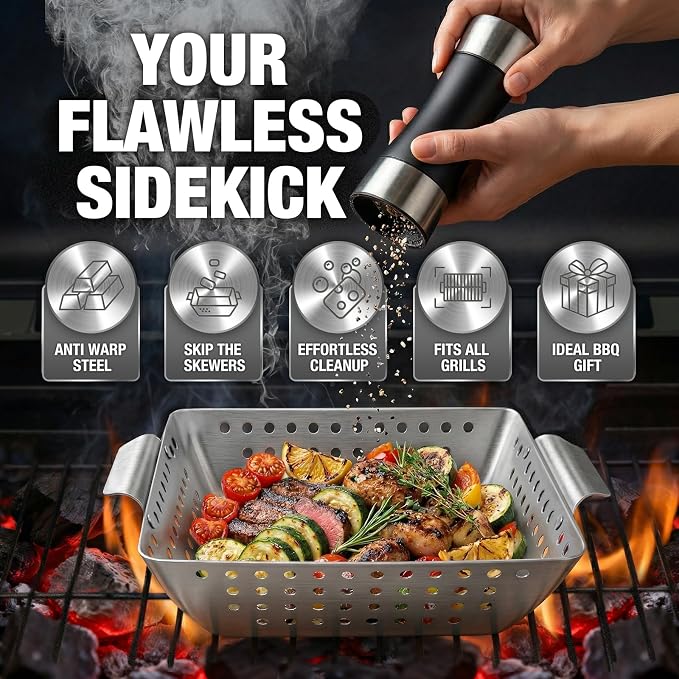 3 Piece Stainless Steel Grill Basket Set with Basting Brush, Heavy Duty Small Vegetable Grill Basket for Outdoor Grill - Perforated Compact BBQ Grill Pan & Wok Accessories for Gas, Charcoal, Veggies