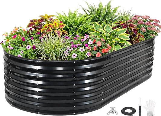 24" Tall Galvanized Raised Garden Bed Outdoor, 8x4x2ft Deep Metal Planter Box with Safety Edging & Support Bars, Large Oval Raised Beds for Gardening Plants Vegetables Herbs Flowers (Dark Grey)