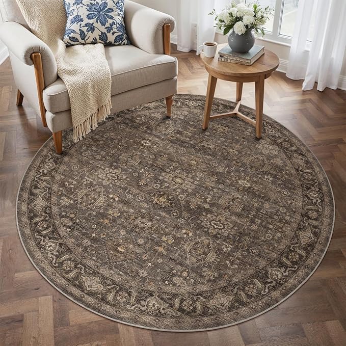 3x3 Dark Brown Vintage Round Rug | Washable, Non Slip, Soft Low Pile, Traditional Farmhouse, for Dining Room Entryway Living Room Bedroom Indoor