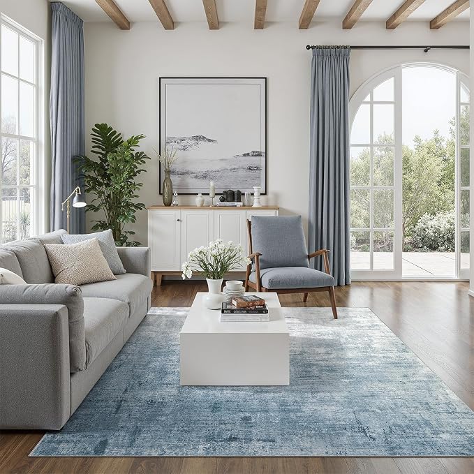 DCX Washable Abstract Area Rug 8x10, Non Slip Low Pile Rug, Blue | Easy to clean, non-shedding, soft, kid & pet friendly, with a non-slip rubber backing for living rooms, bedrooms, and offices
