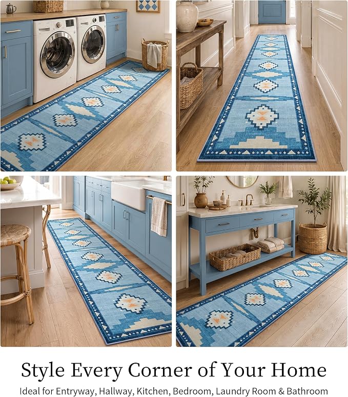 2'x8' Non-Slip Kitchen Runner Rug, Blue Geometric Mid Century Modern Rug | Washable, Low Pile, Soft, Coastal Aztec Design, for Entryway Hallway Bedroom, Stain Resistant, Pet Friendly, Low-Shed