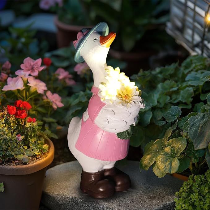 Solar Porch Goose Garden Statue with Glowing Flower, 11.5" Solar Duck Garden Decor for Outdoor, Waterproof Animal Figurine with Auto Light for Yard Lawn Patio - Unique Gift for Mom Grandma Women