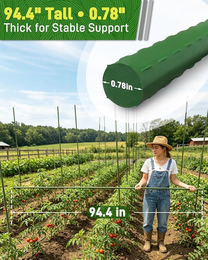 20 Pack 8FT Garden Stakes with Clips & Ties, 0.78" Steel Core Plastic Covered Plant Support Stakes for Tomatoes, Vegetables & Climbing Plants