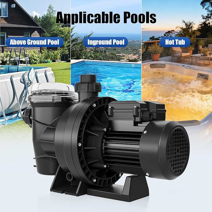 VINGLI 1.5 HP 6075 GPH Pool Pump, 110V Single Speed Self Priming Swimming Pool Pump, Powerful Copper Motor Water Circulation Pump with Filter Basket for Above Ground Pools Spas, US Plug