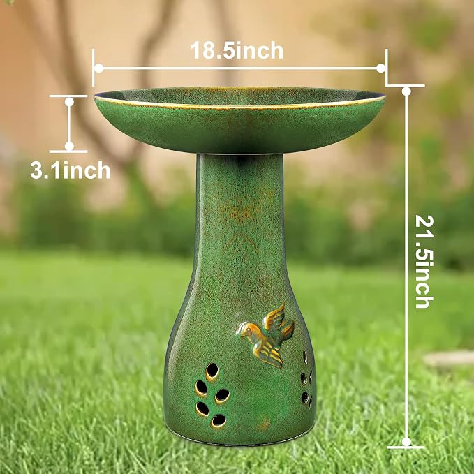 Ceramic Bird Bath for Outdoors, 21.5" Tall Heavy Duty Bird Bath, Outdoor Garden and Patio Décor - Green