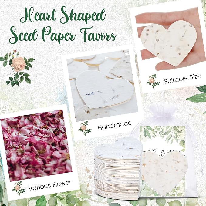 Dunzoom 50 Sets Wedding Gifts for Guests Heart Shaped Seed Paper Handmade Flower Petals Tags Plantable Wildflower Seed Paper Recycled Thank You Cards and Organza Bags for Bridal Shower Party Favors