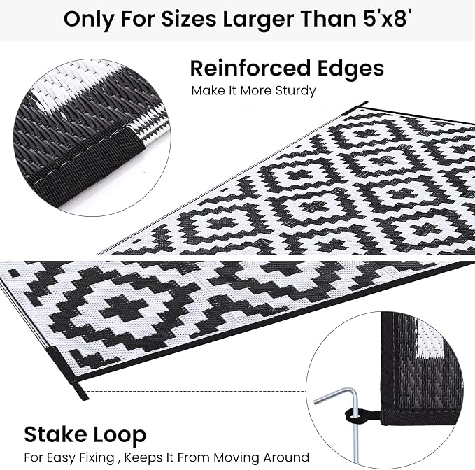 Smiry Waterproof Outdoor Rug 8x10 ft, Reversible Plastic Straw Patio Camping Rugs, Outdoor Indoor RV Mat Carpet for Patio, Outside Entry, Backyard, Deck, Bench, Picnic, Camper, Black & White