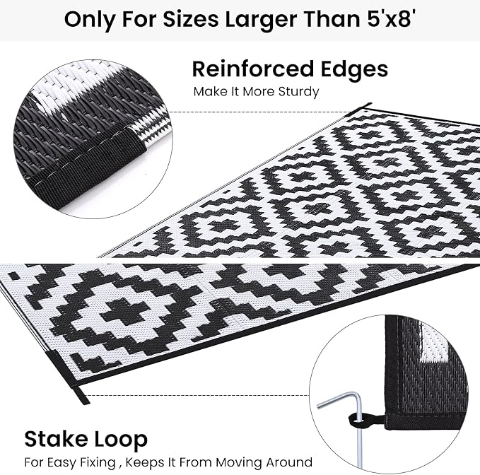 Smiry Waterproof Outdoor Rug 9x12 ft, Reversible Plastic Straw Patio Camping Rugs, Outdoor Indoor RV Mat Carpet for Patio, Outside Entry, Backyard, Deck, Bench, Picnic, Camper, Black & White