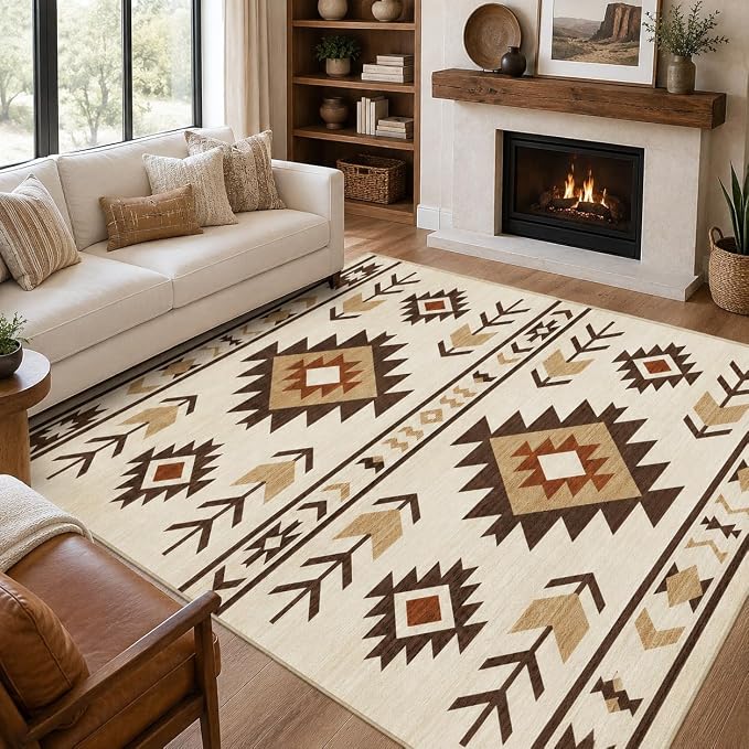 Area Rug 5x7 Western Rug Living Room Southwestern Aztec Tribal Rugs Southwest Navajo Machine Washable Non-Slip Printed Low-Pile Floor Carpet for Bedroom Dining Room Office, Camel