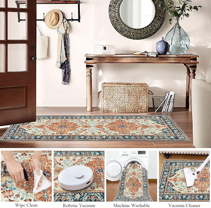 U'Artlines 2' x 6' Boho Hallway Runner Rug, Washable Carpet, Orange/Multi | Non Slip, Vintage Farmhouse Accent Area Rug Carpet, for Kitchen Entryway Laundry and Living Room
