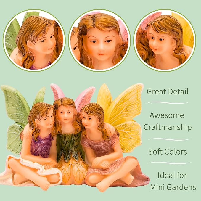PRETMANNS Fairies for Fairy Garden Accessories Outdoor Indoor Miniature Garden Figurines Hand-Painted Resin Fairy Figures Set 3 Sitting Sisters Fairy Buddies | Hand-Painted Resin Figurines, Outdoor or Indoor Miniature Garden Accessories