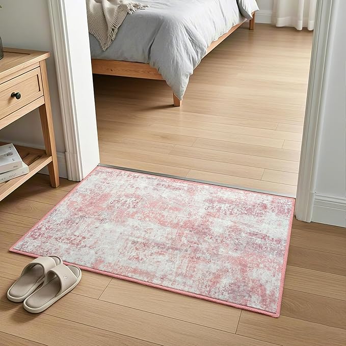 Pink Washable Small Area Rug, 2x3 Abstract Non-Slip Door Mat, Modern Low Pile Indoor Entryway Rugs, Stain Resistant Throw Carpet for Front Door, Kitchen, Entry, Inside Entrance