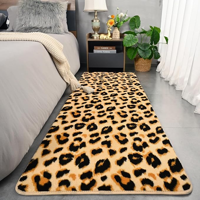 Amearea Soft Leopard Runner Rugs, 2x6 Cheetah Print Bedroom Bedside Rugs | Washable Fluffy Indoor Animal Runner Rug Carpet for Entrance Kitchen Kids Teen Room Living Room Decor, Khaki