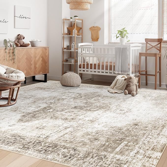 Area Rug 5x7 Washable Rug, Vintage Boho Medallion Rugs Non-Slip Soft Low Pile Large Distressed Rug Indoor Retro Carpet for Living Room Bedroom Dining Room Home Office (Taupe, 5'x7')